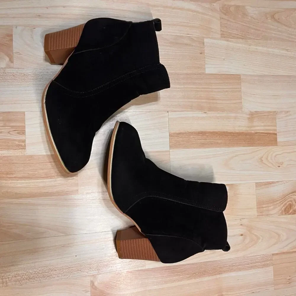 Western Black Suede Ankle Boots Pointed Toe Block Heel Booties Size